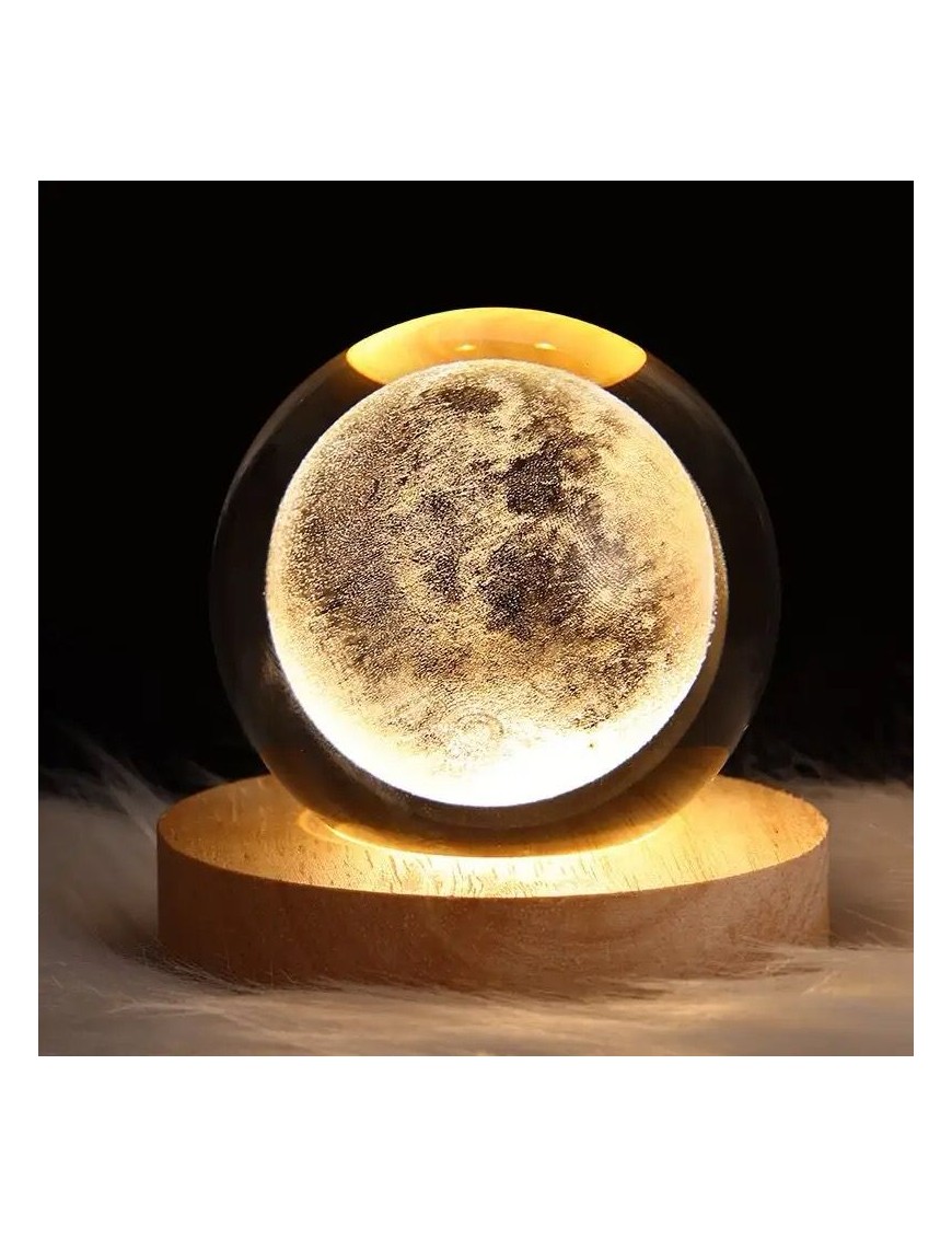 Bomboniera Luna Piena da 8 cm con Lampada LED e Base in Legno
