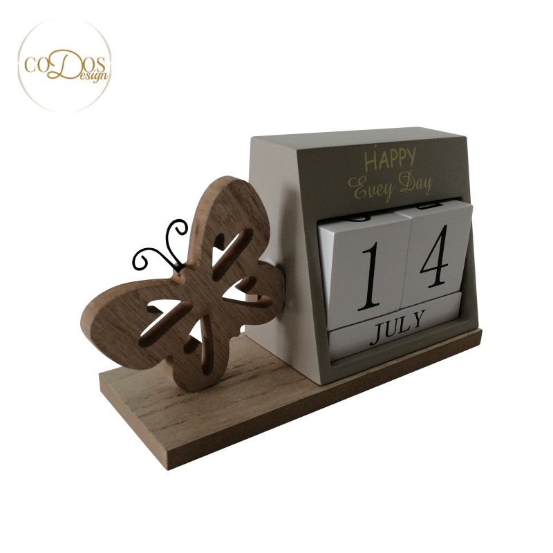 Bomboniera utile calendario perpetuo con farfalla porta bigliettini in legno CM 18.5X6.5*10.5